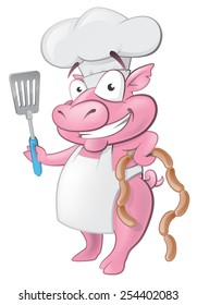 Illustration of a happy Pig Chef holding sausages and Spatula ready to cook some delicious food. 
