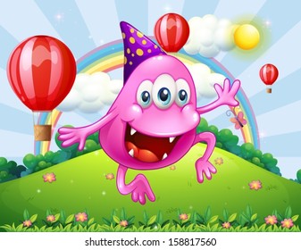 Illustration of a happy pink beanie monster jumping at the hilltop