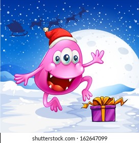 Illustration of a happy pink beanie monster wearing Santa's hat