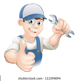 Illustration of a happy plumber, mechanic or handyman in work clothes holding a spanner and giving thumbs up