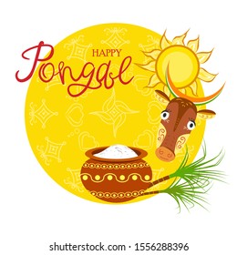 Illustration of a happy pongal. Harvest festival in India. Sun, cow, sugarcane, rice pot, rangoli. Handwritten Happy Pongal inscription. Vector background for Pongal and Makar Sankranti celebration.