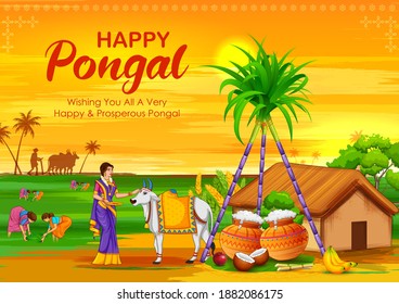 Illustration von Happy Pongal Holiday Harvest Festival of Tamil Nadu South India Grußhintergrund