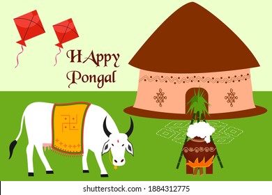 Illustration of Happy Pongal Holiday Harvest Festival of Andhra Pradesh South India greeting background with  cartoon hut, cute cow, colorful kites, Pongal pots and sugar canes vector. 
