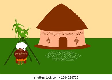 Illustration of Happy Pongal Holiday Harvest Festival of Andhra Pradesh South India greeting background with  cartoon hut, Rangoli, Pongal pots and sugar canes vector.  
