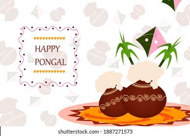 illustration of Happy Pongal Holiday Harvest Festival of Andhra Pradesh telangana greeting background with   Rangoli, Pongal pots and sugar canes, kites isolated on colorful background vector.  
