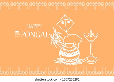 illustration of Happy Pongal Holiday Harvest Festival of Andhra Pradesh telangana greeting background with   Rangoli, Pongal pot, sugar canes, kite and pooja lighting diya lamp.
