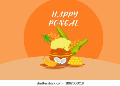 illustration of Happy Pongal Holiday Harvest Festival of Andhra Pradesh telangana greeting background with    Pongal pot, banana leaves, banana, coconut and sweets vector.  