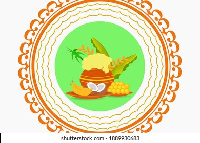 illustration of Happy Pongal Holiday Harvest Festival of Andhra Pradesh telangana greeting background with pongal pot, banana leaves, banana, coconut, sweets with beautiful frame vector.
