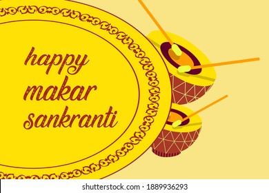 illustration of Happy Pongal Holiday Harvest Festival of Andhra Pradesh telangana greeting background with cartoon colorful drums with text space vector. 
