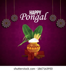 illustration of Happy Pongal Holiday of  South India greeting background with mud pot and banana leafs