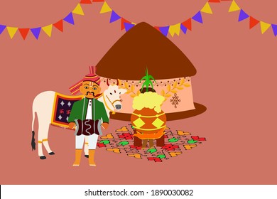 ilustración de Happy Pongal makar sankranti Holiday Harvest Festival de Andhra Pradesh telangana de bienvenida con cabaña, olla pongal, buey, vector sannai appanna.
