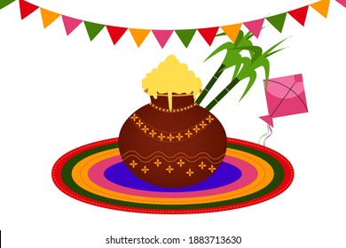 Illustration of Happy Pongal wallpaper with colorful kite with string, decorative Pongal pot, sugar canes represents farmers for festival of India. 
