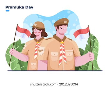 Illustration von Happy Pramuka Tag oder Schnupfentag am 14. August in Indonesien. Junge und Mädchen feiern Pramuka-Tag. kann für Grußkarte, Banner, Poster, Web, Motion Grafik, Präsentation verwendet werden.