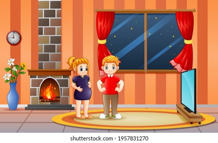Illustration of a happy pregnant couple at the living room