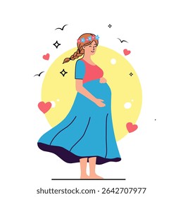 illustration of a happy pregnant woman in a blue dress with hearts and sun background. A joyful maternity concept with floral headband and positive