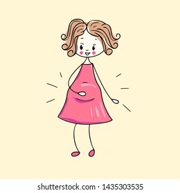 Illustration of a happy pregnant woman, isolated outline vector character on the yellow background, motherhood, smiling future mum