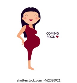 Illustration with happy pregnant woman in vector. Cute cartoon character