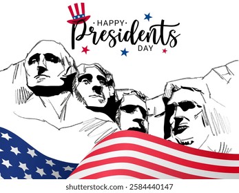 illustration of Happy president's day with face of US presidents statue and american flag 