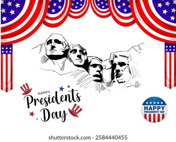 illustration of Happy president's day with US presidents statue, american flag 