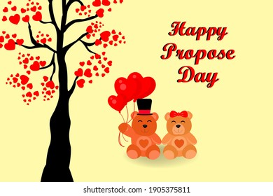 illustration of happy propose day  background with cartoon style teddy bears with heart shape balloons, tree with heart shape leaves vector.
