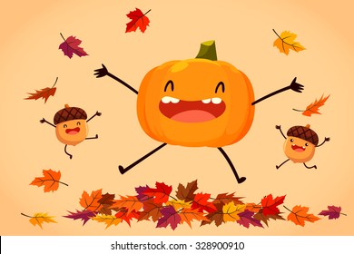 Illustration of happy pumpkin and acorns jump on autumn leaves