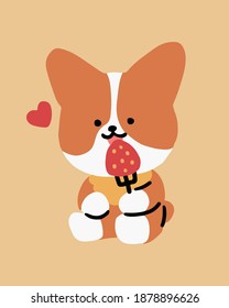 Illustration of happy puppy character eating strawberries.