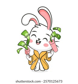 Illustration of a happy rabbit with a lot of money in a cute cartoon style.