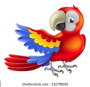 Illustration of a happy red cartoon macaw parrot pointing with his wing