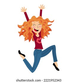 Illustration Of A Happy Red Haired Girl Jumping With A Big Laugh