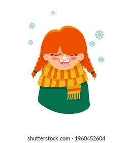 Illustration of a happy red haired little girl. Snowfall. Clip art.