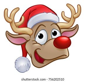 An illustration of a happy reindeer in a Santa Claus hat Christmas cartoon character