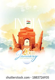 illustration of Happy Republic Day of India 26th January with Tricolor background red fort and indian monuments