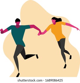 Illustration of a happy romantic couple running and jumping