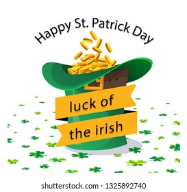 Illustration of Happy Saint Patrick's day. Isolated collection of charms, money, luck, beer and good will