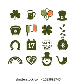 Illustration of Happy Saint Patrick's day. Isolated collection of charms, money, luck, beer and good will