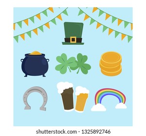 Illustration of Happy Saint Patrick's day. Isolated collection of charms, money, luck, beer and good will