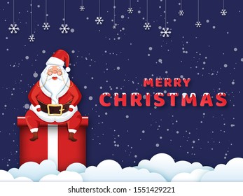 Illustration of happy santa claus sitting on gift box with hanging snowflakes decorated on paper cut cloudy and purple snowfall background for Merry Christmas celebration.