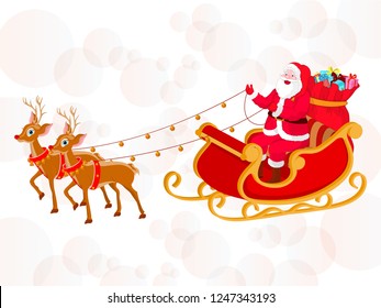 Illustration of happy santa clause riding on sleigh for Merry Christmas celebration. Can be used as greeting card design.