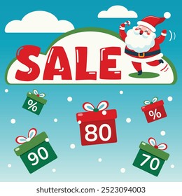 Illustration of happy Santa discount dance. Mr. Claus standing on a snow cloud and throwing discounted gift boxes. Christmas Advertising holiday sales. Vector illustration in flat cartoon style