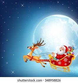 Illustration of happy Santa in his Christmas sled being pulled by reindeer