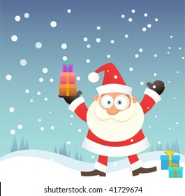 Illustration of happy santa on the snow bring a gift