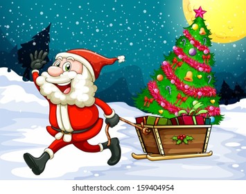 Illustration of a happy Santa pulling the sleigh with a Christmas tree