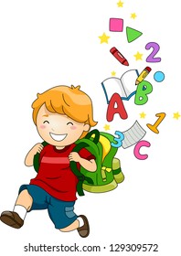 Illustration eines glücklichen Schuljungen mit einem Rucksack voller ABC's und 123's