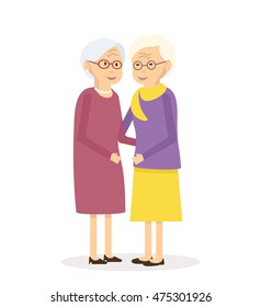 Illustration happy senior women friends. Old people walking together. Flat characters happy retired elderly senior age social concept. Vector illustration