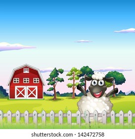 Illustration of a happy sheep near the barn
