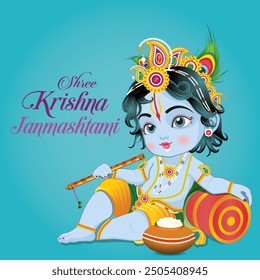 Illustration of Happy Shree Krishna Janmashtami. Indian Festival of Lord Krishna Birth Celebration.