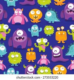 An illustration of happy, silly, cute monsters.  There 28 monsters in the illustration.  Some of them are fully visible and some partially visible. 