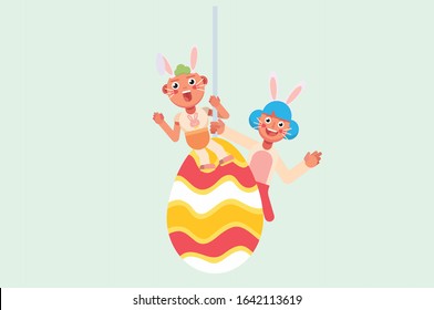 An illustration of a happy sister and little brother hanging on the big Easter egg. A vector of cute character, this illustration can use as a sticker also. 