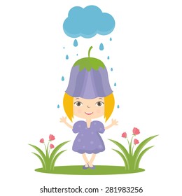 Illustration of happy small girl in flower hat. Vector