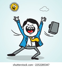 Illustration of a happy smiling cartoon business man throwing a briefcase, Cartoon of happy business man in standing pose